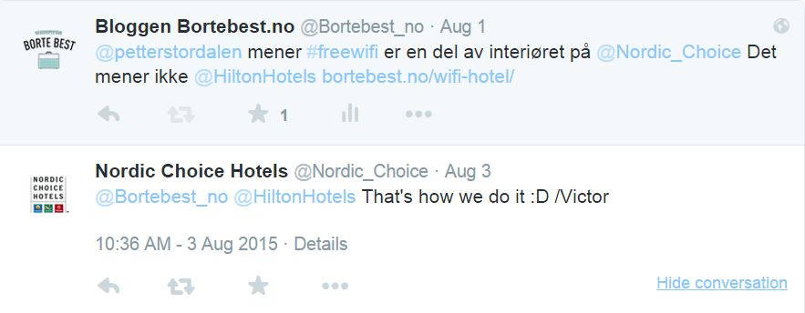 Nordic Choice Hotels benyttet anledningen til å fortelle om at alle deres hotell tilbyr gjestene gratis WiFi.